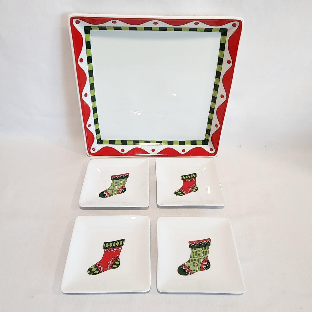 Fitz‎ and Floyd Stocking Stuffers Christmas Platter and 4 Appetizer Plates Set